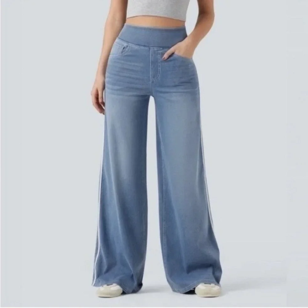 Halara Flex High Waisted Stripe Wide Leg Jeans light blue size Pullon large NWT